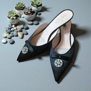 Kate Spade Black Satin Darlene Mules with Crystal Embellishment